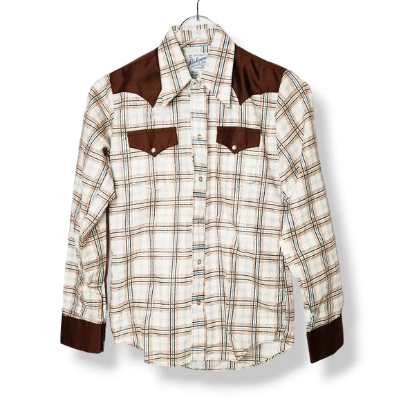 Vintage Rockmount Ranch Wear Western Style Pearl Snap Plaid Shirt Boys Size 16